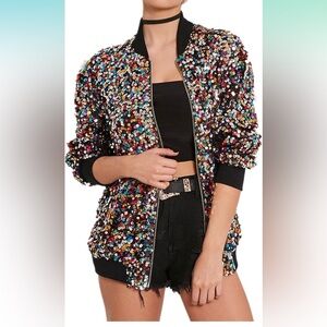 CRESAY Multicolor Sequin Zipper Blazer Bomber Jacket